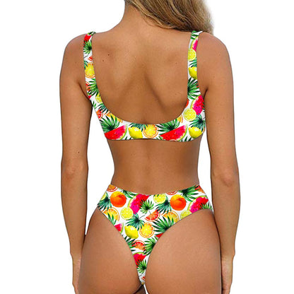 Tropical Fruit Leaf Pattern Print Front Bow Tie Bikini