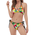 Tropical Fruit Leaf Pattern Print Halter Scoop Tie Side Bikini