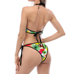 Tropical Fruit Leaf Pattern Print Halter Scoop Tie Side Bikini
