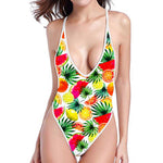 Tropical Fruit Leaf Pattern Print High Cut One Piece Swimsuit