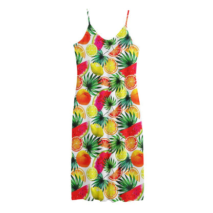 Tropical Fruit Leaf Pattern Print Jersey Midi Cami Dress