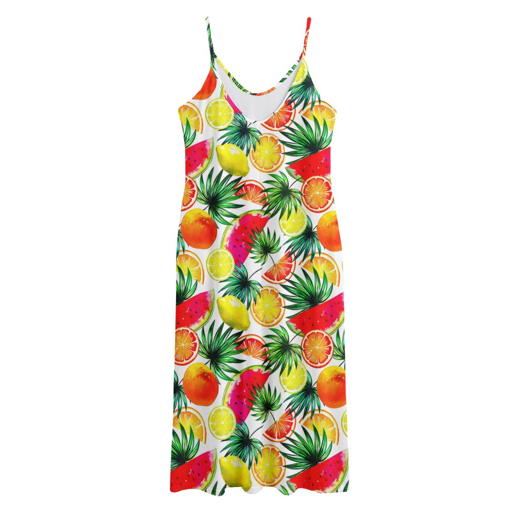 Tropical Fruit Leaf Pattern Print Jersey Midi Cami Dress