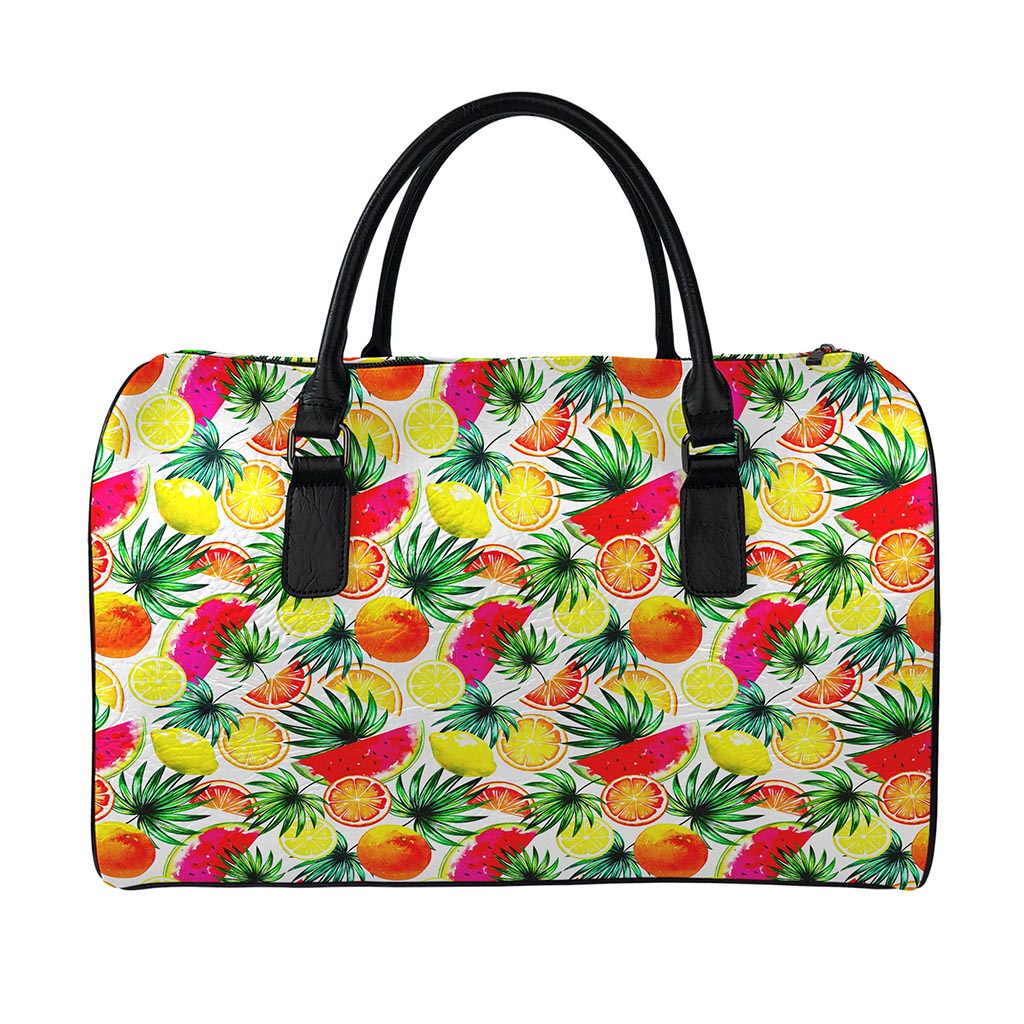 Tropical Fruit Leaf Pattern Print Leather Duffle Bag