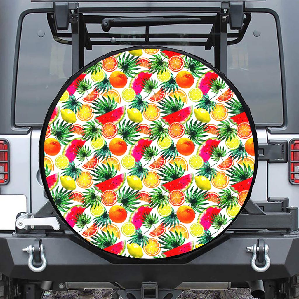 Tropical Fruit Leaf Pattern Print Leather Spare Tire Cover