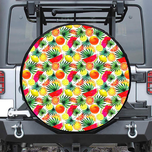 Tropical Fruit Leaf Pattern Print Leather Spare Tire Cover