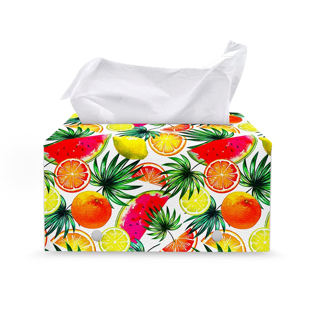 Tropical Fruit Leaf Pattern Print Leather Tissue Box Cover