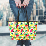 Tropical Fruit Leaf Pattern Print Leather Tote Bag