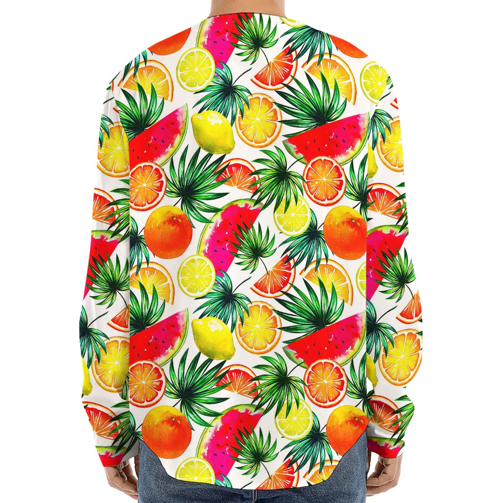 Tropical Fruit Leaf Pattern Print Long Sleeve Baseball Jersey