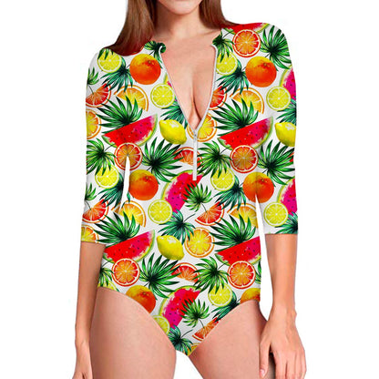 Tropical Fruit Leaf Pattern Print Long Sleeve Swimsuit