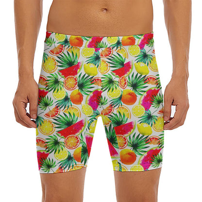 Tropical Fruit Leaf Pattern Print Men's Long Boxer Briefs