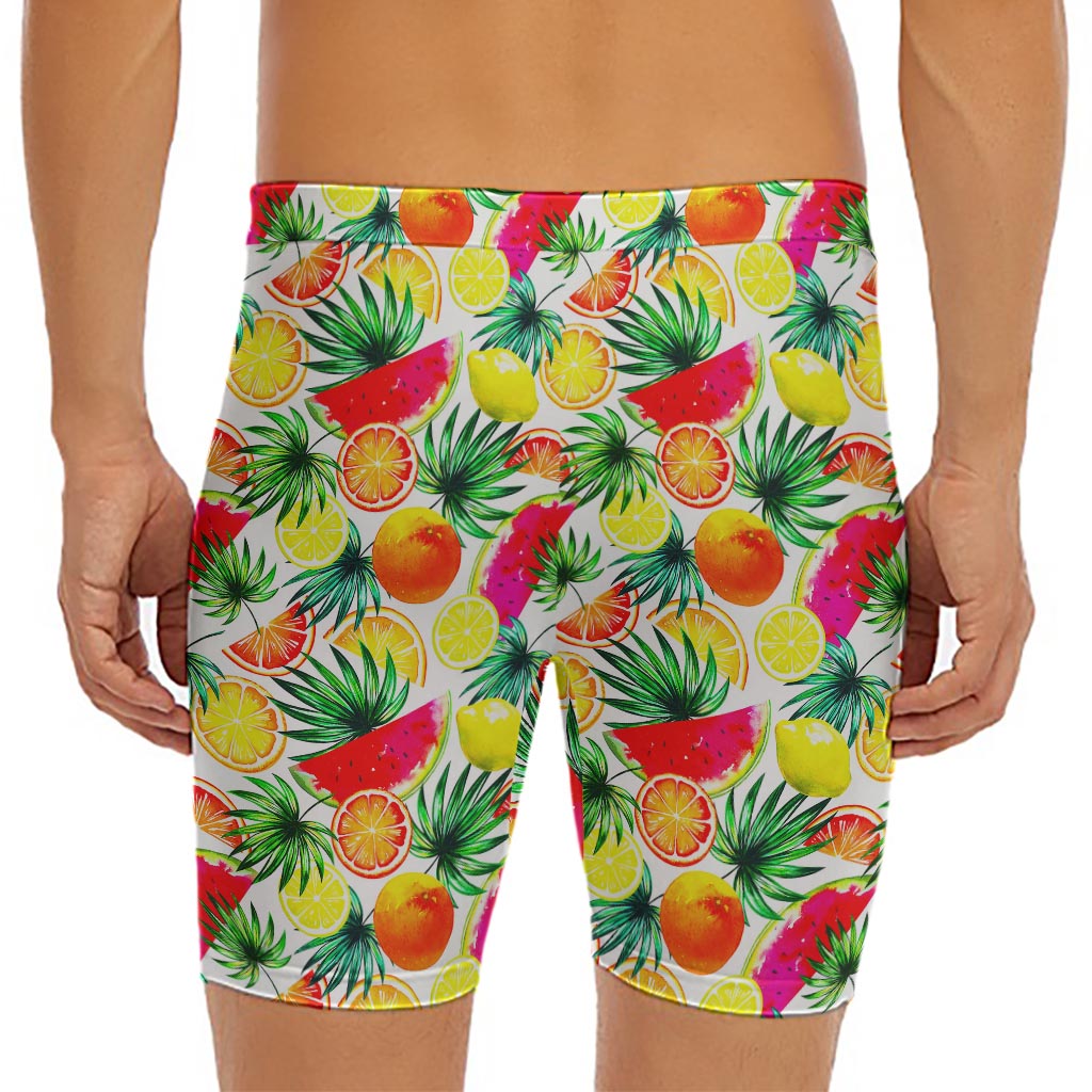 Tropical Fruit Leaf Pattern Print Men's Long Boxer Briefs