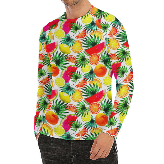 Tropical Fruit Leaf Pattern Print Men's Long Sleeve Rash Guard