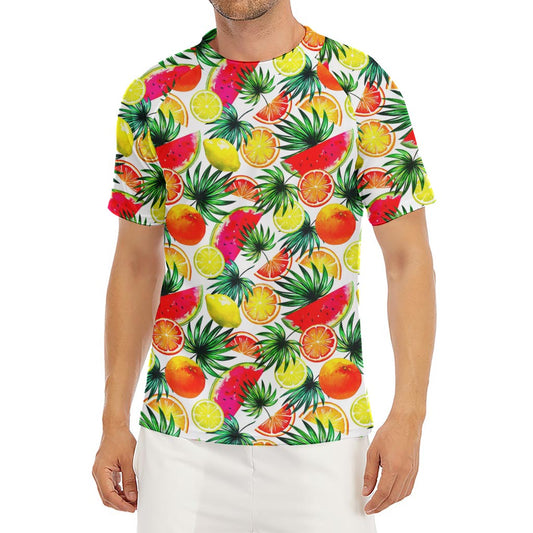 Tropical Fruit Leaf Pattern Print Men's Short Sleeve Rash Guard