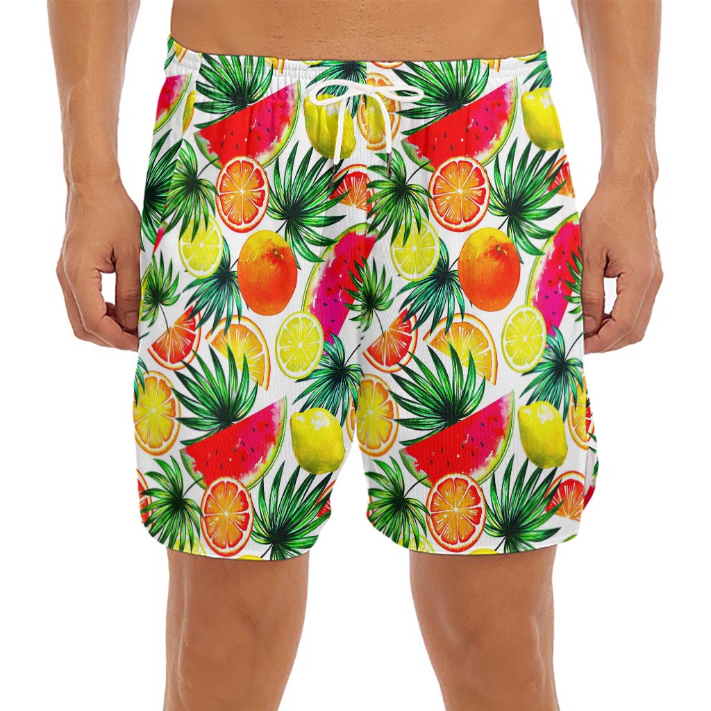 Tropical Fruit Leaf Pattern Print Men's Split Running Shorts