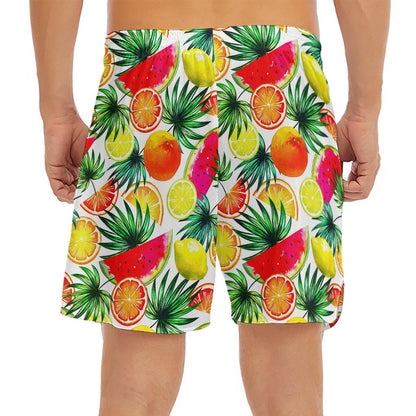 Tropical Fruit Leaf Pattern Print Men's Split Running Shorts
