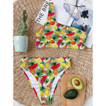 Tropical Fruit Leaf Pattern Print One Shoulder Bikini Top