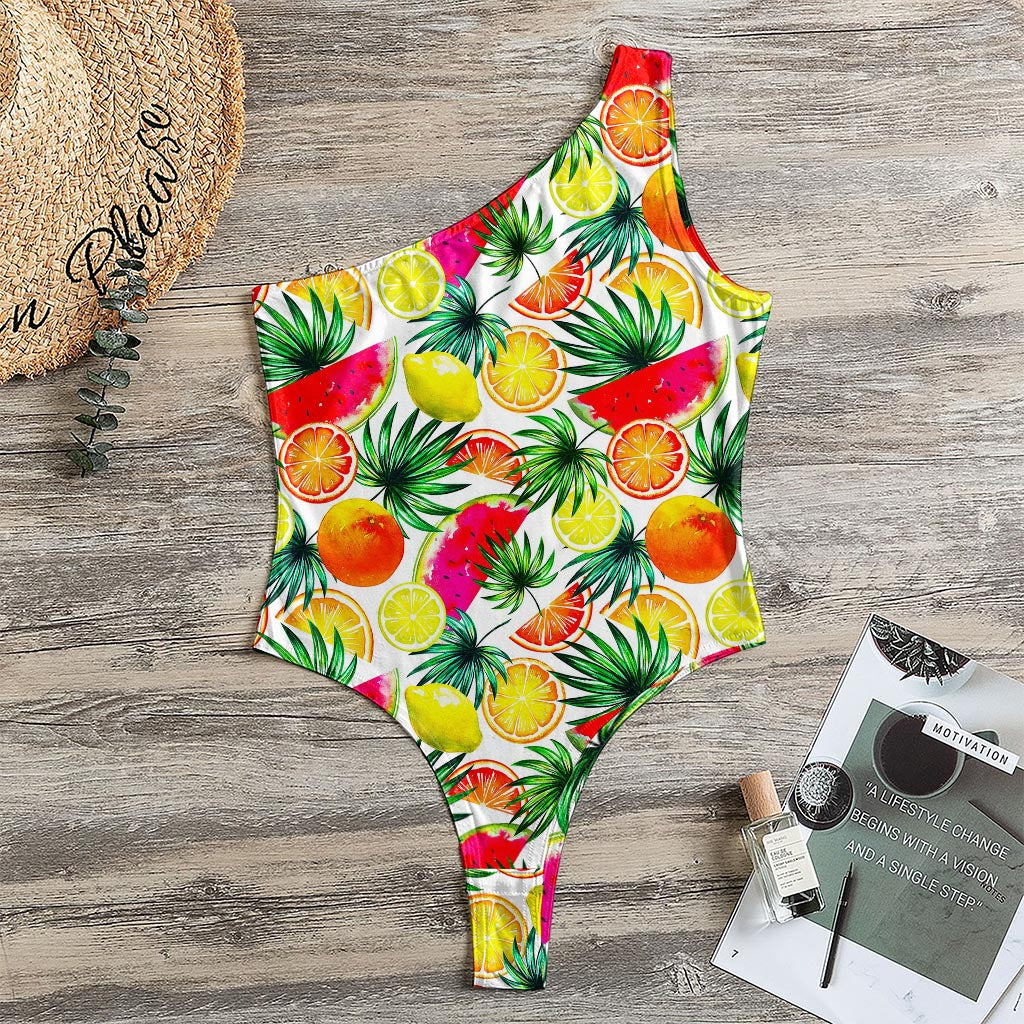Tropical Fruit Leaf Pattern Print One Shoulder Bodysuit
