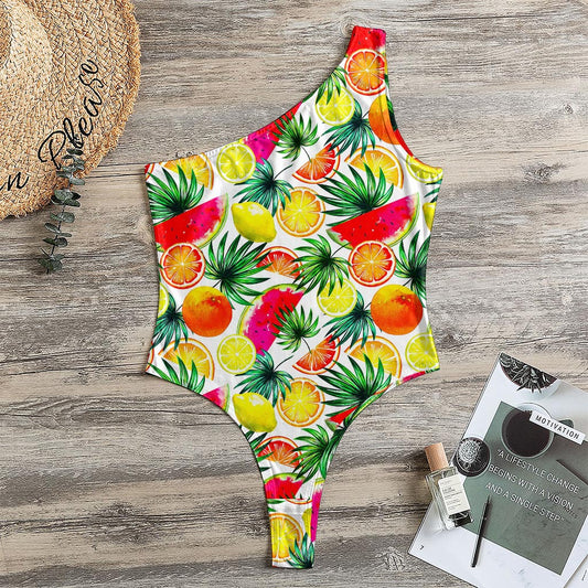 Tropical Fruit Leaf Pattern Print One Shoulder Bodysuit