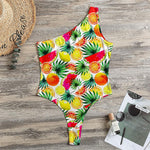 Tropical Fruit Leaf Pattern Print One Shoulder Bodysuit