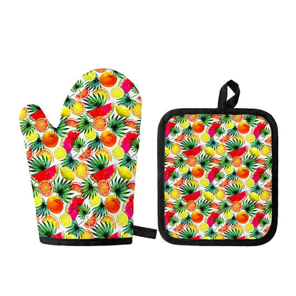 Tropical Fruit Leaf Pattern Print Oven Mitt And Pot Holder Set