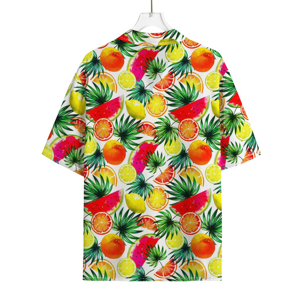 Tropical Fruit Leaf Pattern Print Rayon Hawaiian Shirt