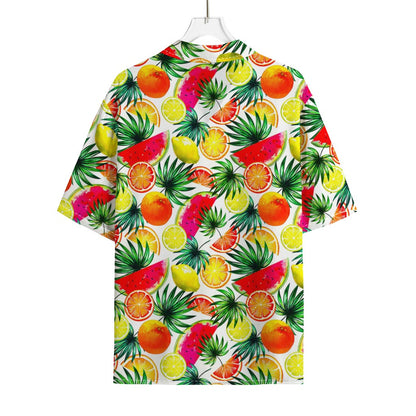 Tropical Fruit Leaf Pattern Print Rayon Hawaiian Shirt