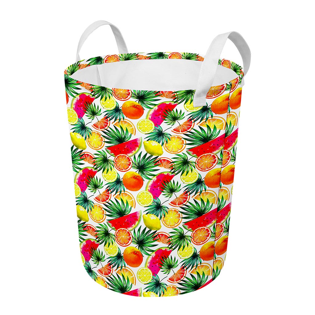 Tropical Fruit Leaf Pattern Print Round Laundry Basket
