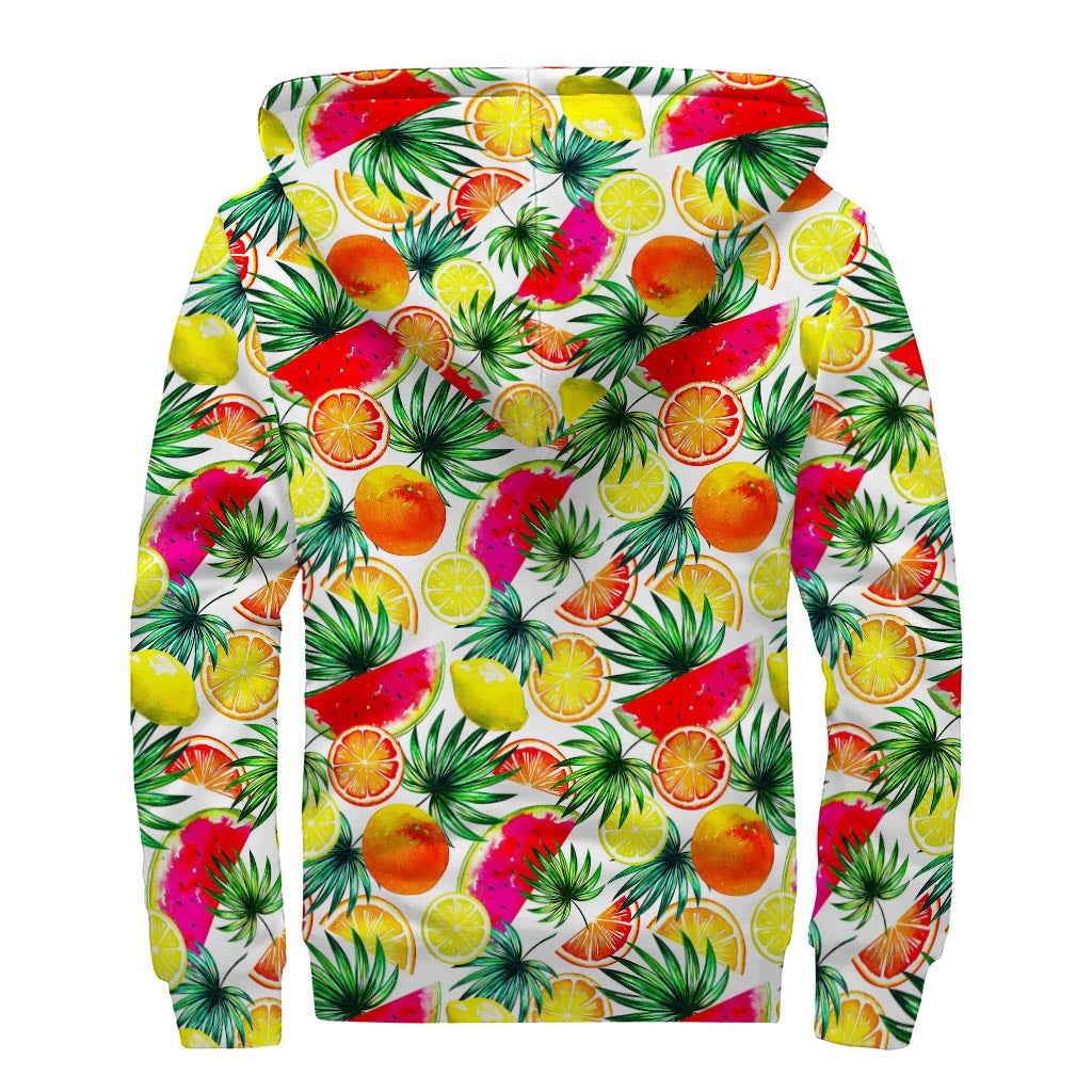 Tropical Fruit Leaf Pattern Print Sherpa Lined Zip Up Hoodie