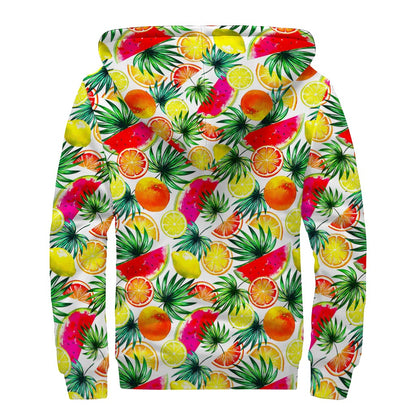 Tropical Fruit Leaf Pattern Print Sherpa Lined Zip Up Hoodie