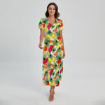 Tropical Fruit Leaf Pattern Print Short Sleeve Maxi Dress