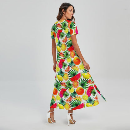 Tropical Fruit Leaf Pattern Print Short Sleeve Maxi Dress
