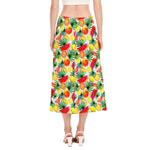 Tropical Fruit Leaf Pattern Print Side Slit Midi Skirt
