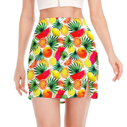 Tropical Fruit Leaf Pattern Print Side Slit Mini Skirt