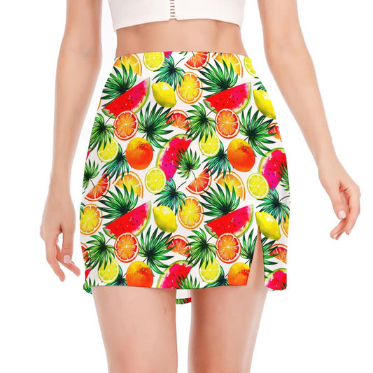 Tropical Fruit Leaf Pattern Print Side Slit Mini Skirt