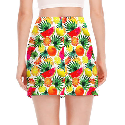 Tropical Fruit Leaf Pattern Print Side Slit Mini Skirt