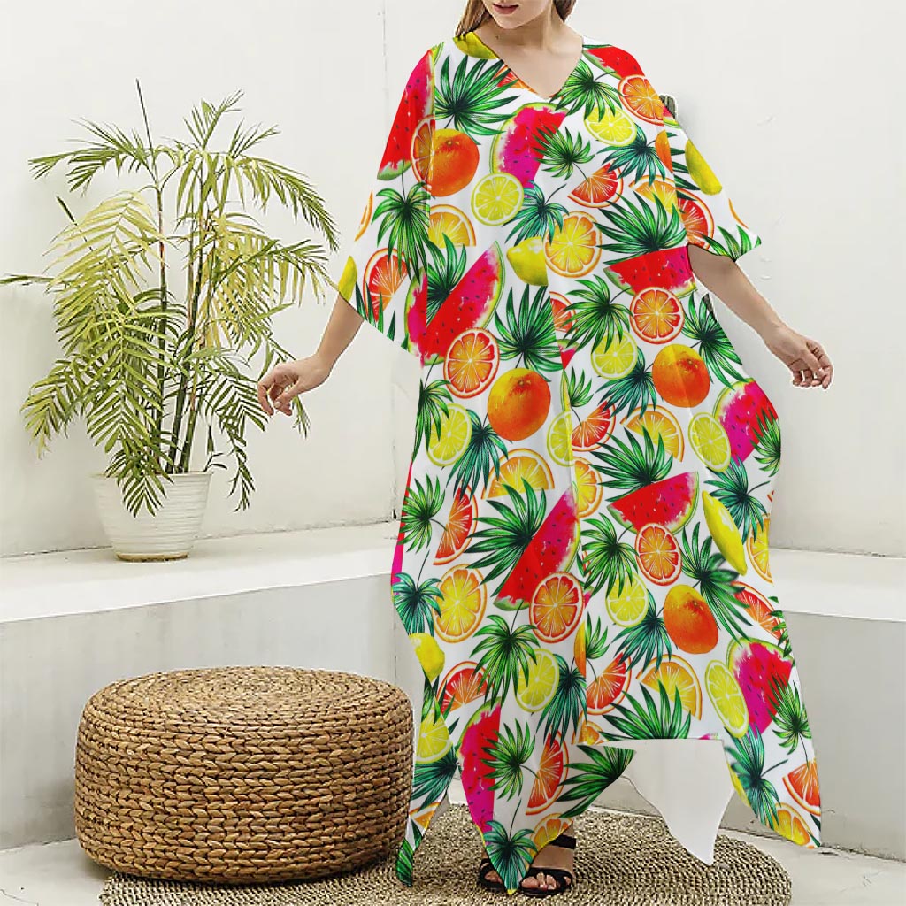 Tropical Fruit Leaf Pattern Print Silk V-Neck Kaftan Dress
