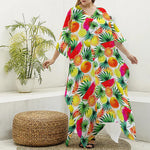 Tropical Fruit Leaf Pattern Print Silk V-Neck Kaftan Dress