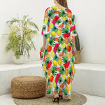 Tropical Fruit Leaf Pattern Print Silk V-Neck Kaftan Dress