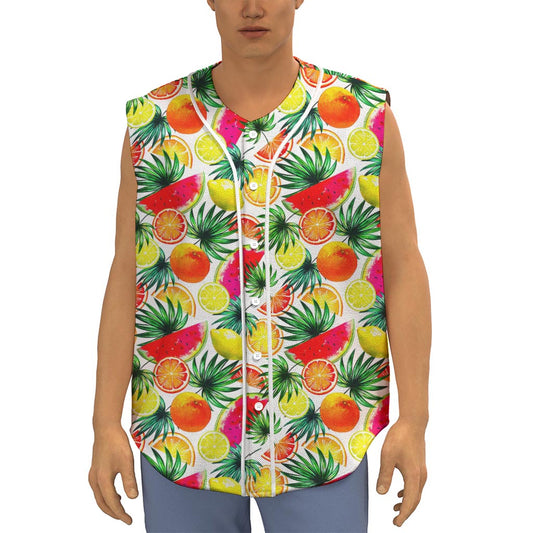 Tropical Fruit Leaf Pattern Print Sleeveless Baseball Jersey