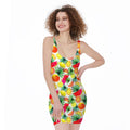 Tropical Fruit Leaf Pattern Print Sleeveless Bodycon Dress