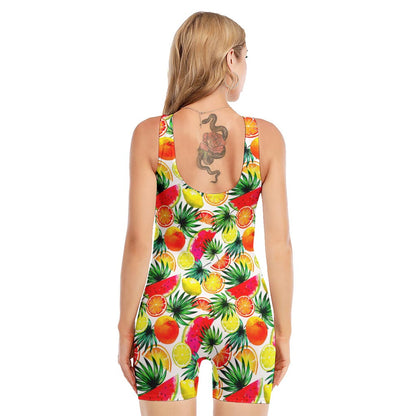 Tropical Fruit Leaf Pattern Print Sleeveless One Piece Swimsuit