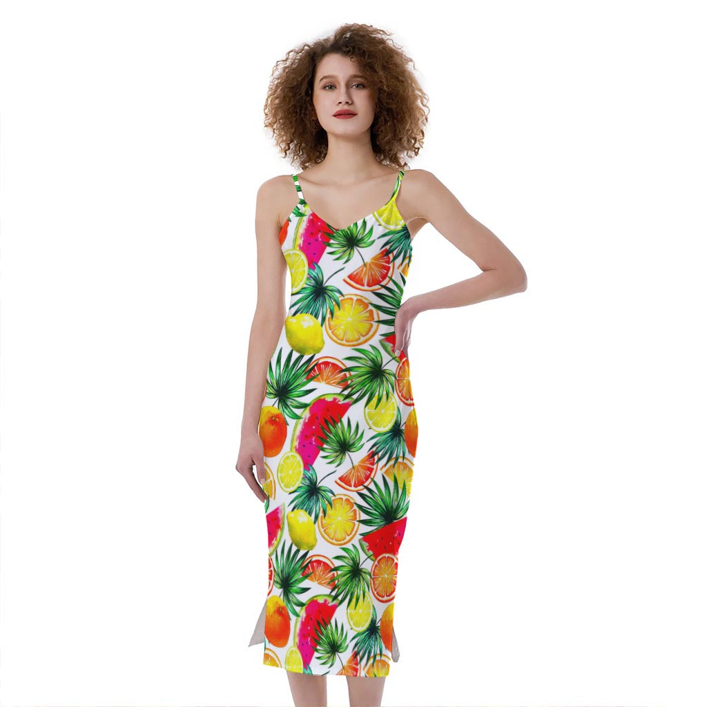 Tropical Fruit Leaf Pattern Print Slim Fit Midi Cami Dress