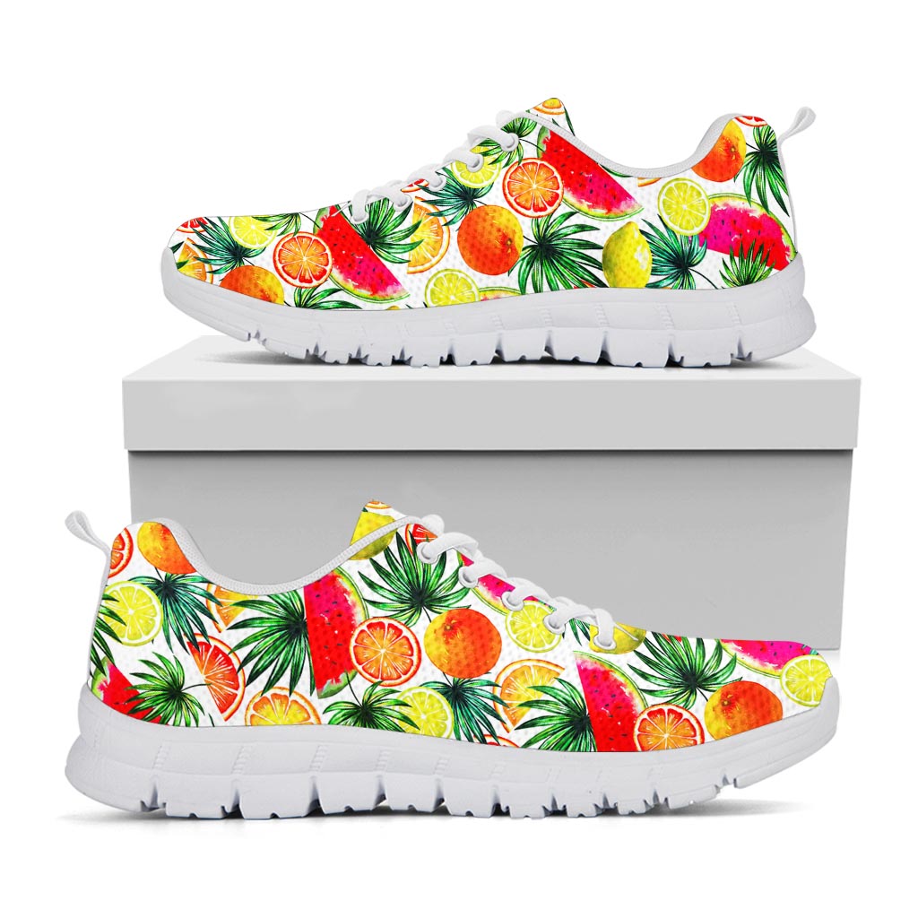 Tropical Fruit Leaf Pattern Print White Running Shoes