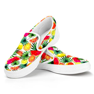 Tropical Fruit Leaf Pattern Print White Slip On Sneakers