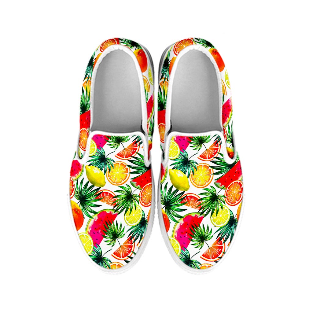 Tropical Fruit Leaf Pattern Print White Slip On Sneakers