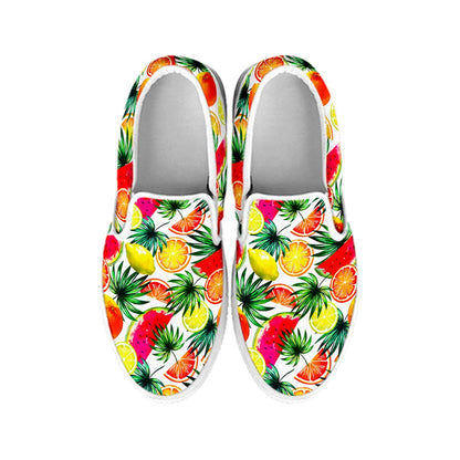 Tropical Fruit Leaf Pattern Print White Slip On Sneakers
