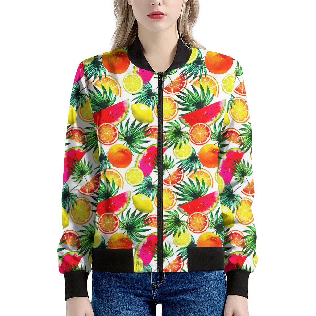 Tropical Fruit Leaf Pattern Print Women's Bomber Jacket