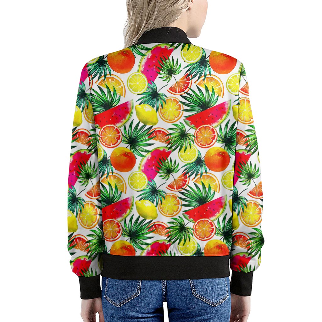 Tropical Fruit Leaf Pattern Print Women's Bomber Jacket