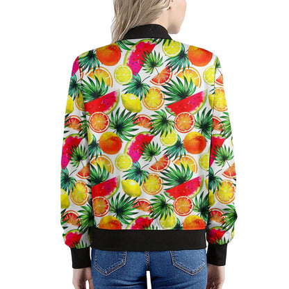 Tropical Fruit Leaf Pattern Print Women's Bomber Jacket