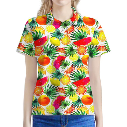 Tropical Fruit Leaf Pattern Print Women's Polo Shirt